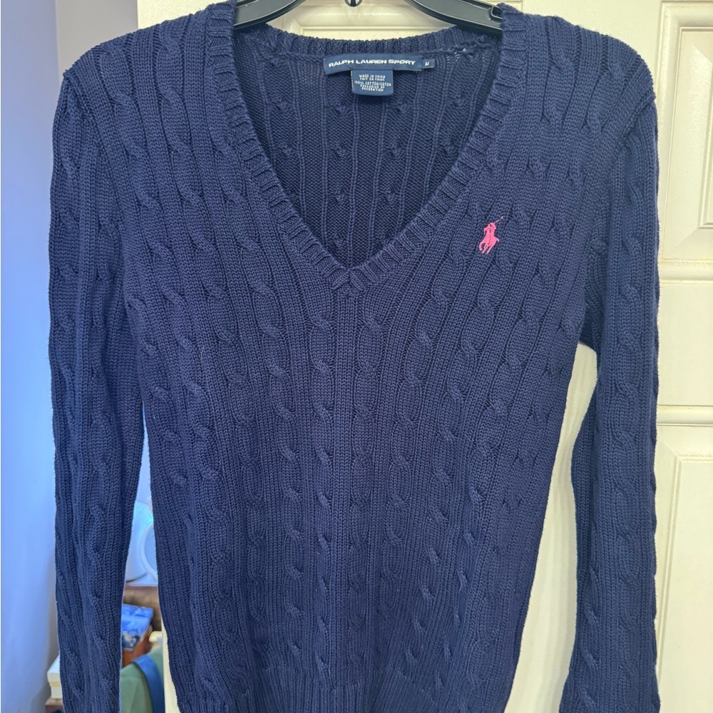 Ralph Lauren Dark Blue V-Neck Sweater with Pink Logo